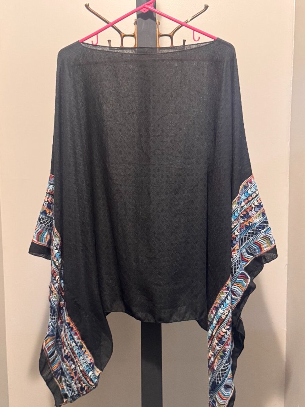 Black Poncho Top Multicolor Embroidered Boho Festival